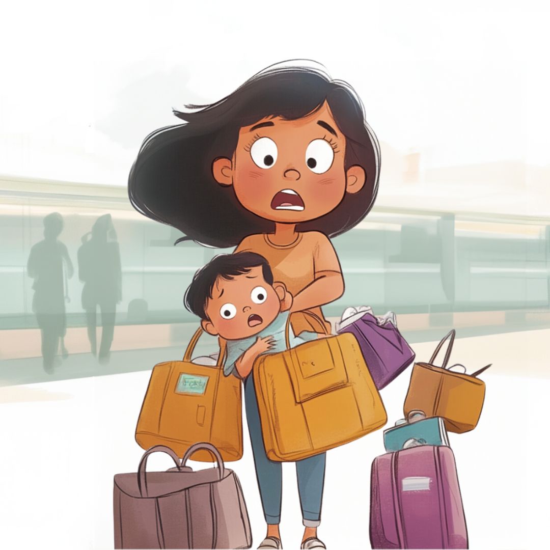 Stressed and overwhelmed mom in airport with child 
