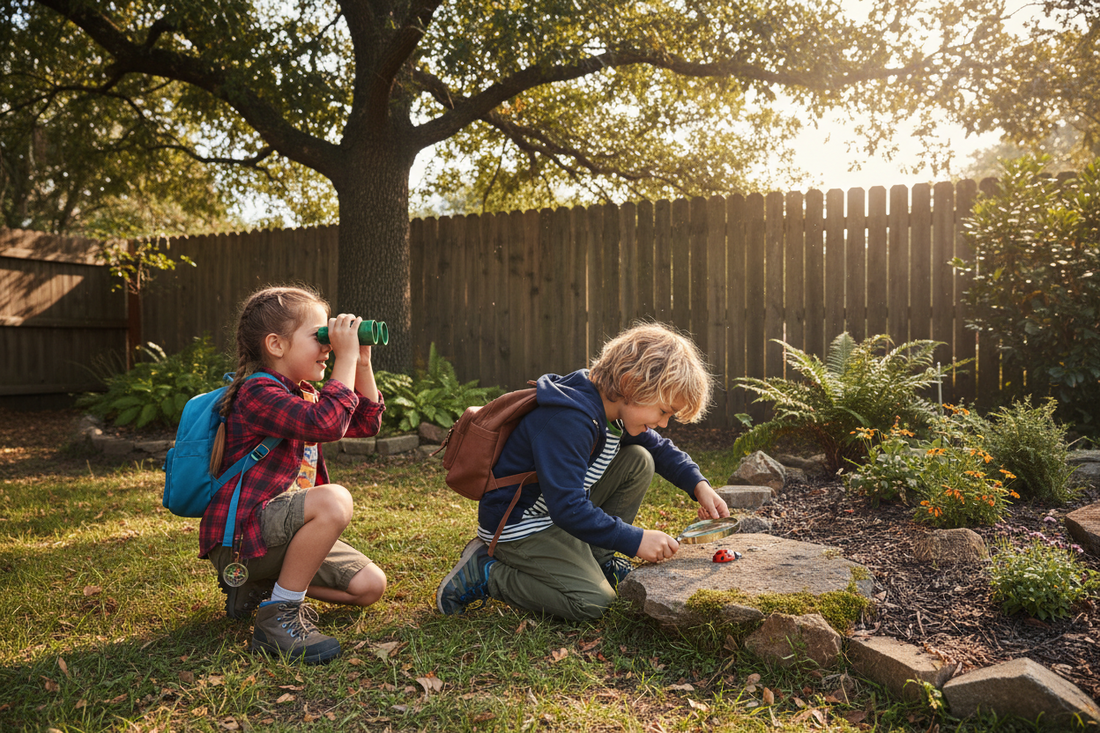 Girl and a boy looking for bugs in backyard