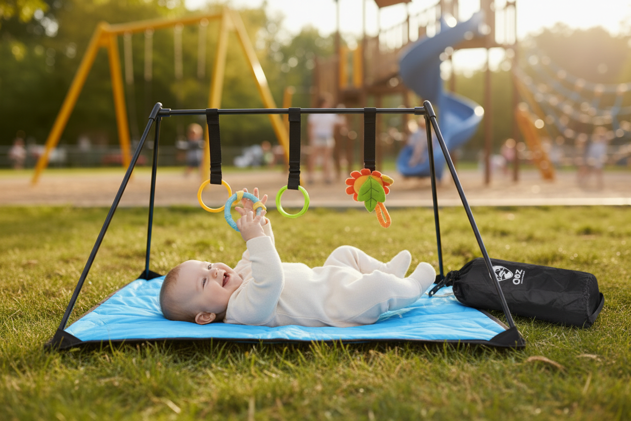 baby on travel baby play mat at playground and park 
