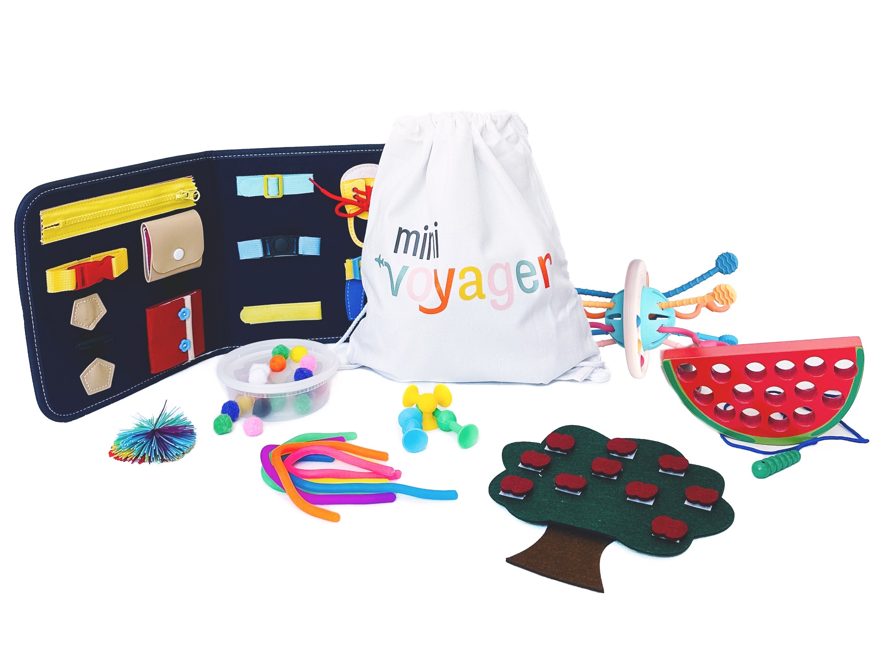 minivoyager Quick-buy Jetsetter™ Activity Kit for 1-3 year-olds with colorful fabric pouch, plastic toys, and sensory tools