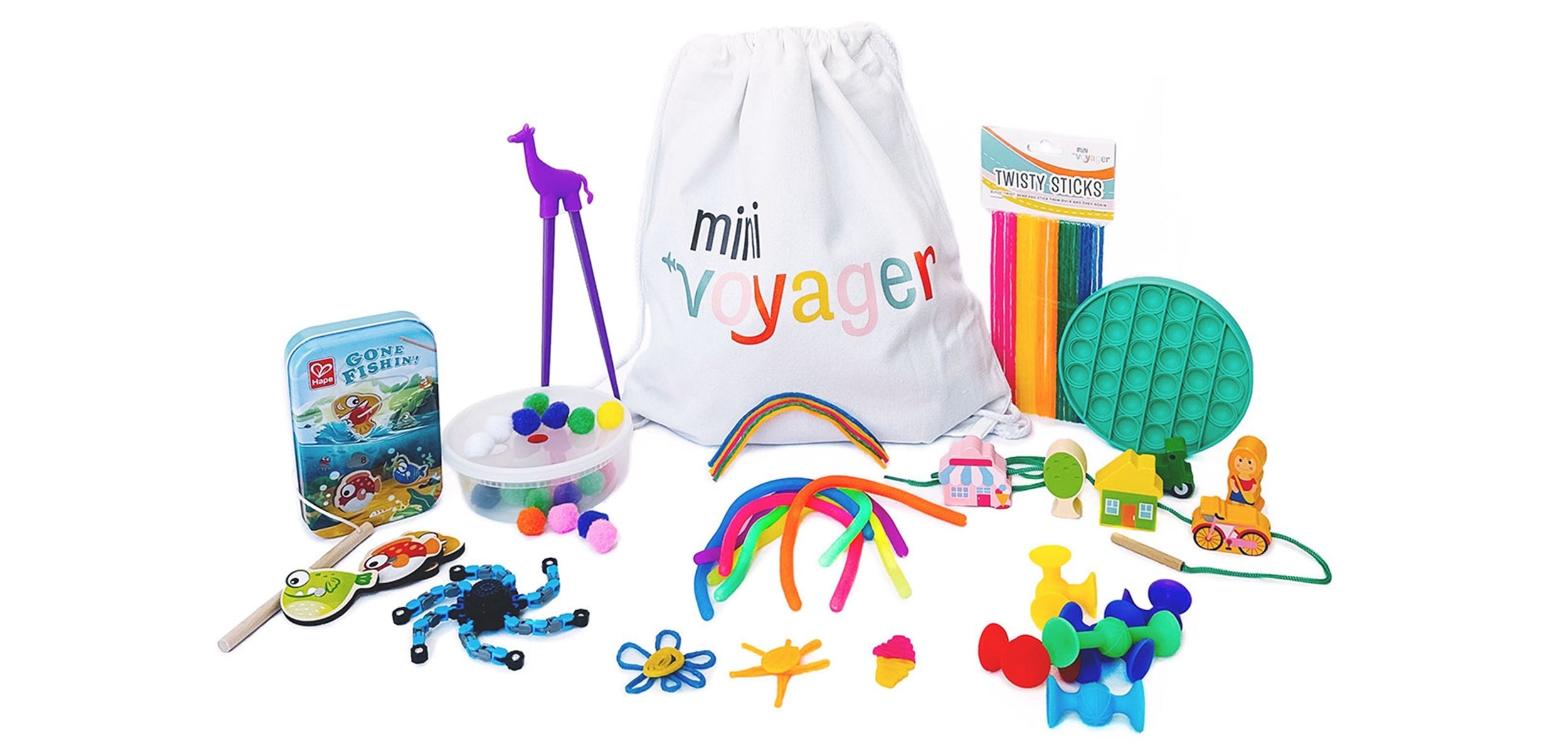 minivoyager Jetsetter™ Activity Kit for ages 3-5 with colorful fabric case, textured plastic toys, and activity cards