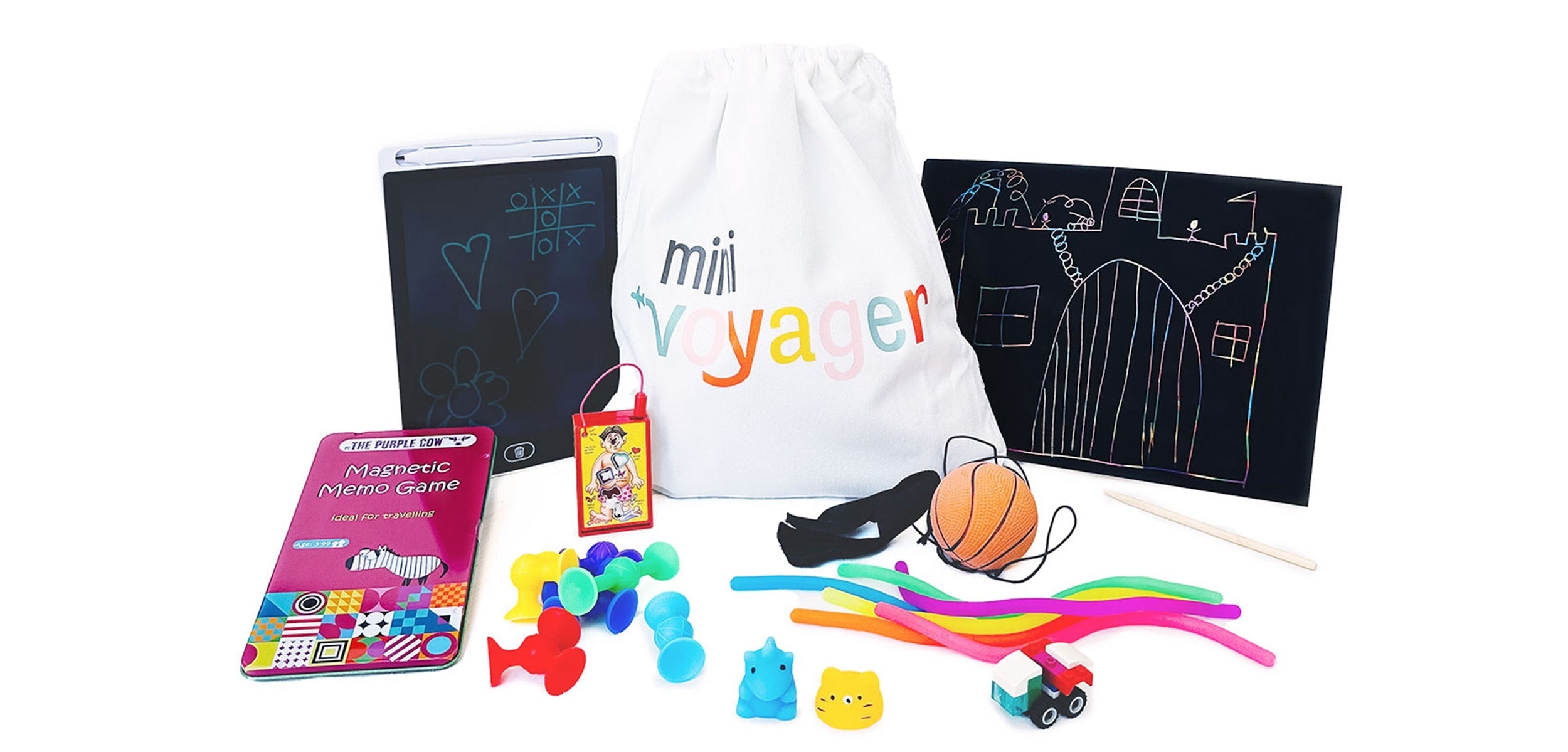 minivoyager Quick-buy Jetsetter™ activity kit for 4-7 years with colorful fabric pouch, plastic travel accessories, and