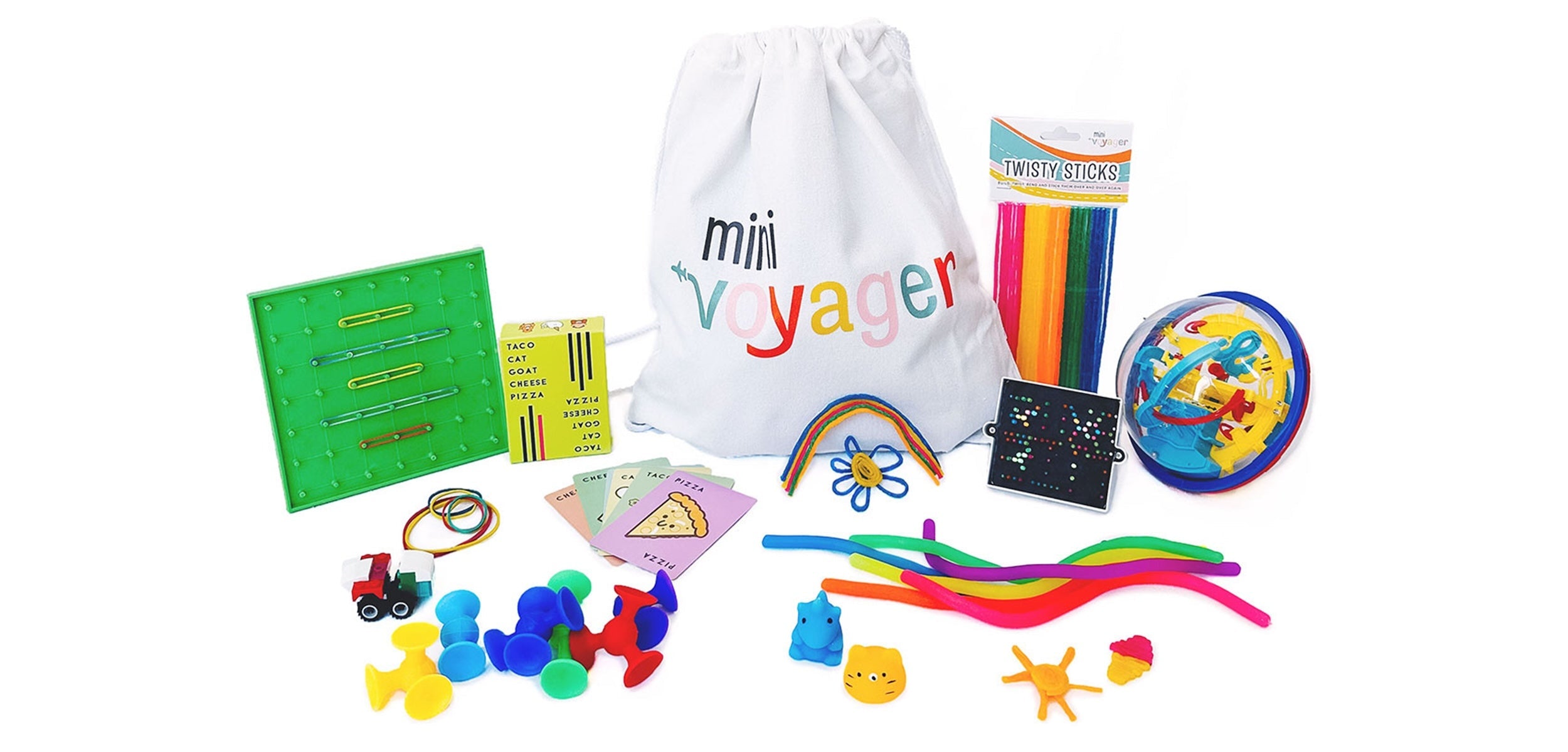 minivoyager Quick-buy Jetsetter™ activity kit for ages 6-10 with colorful fabric storage pouch and plastic travel accessories