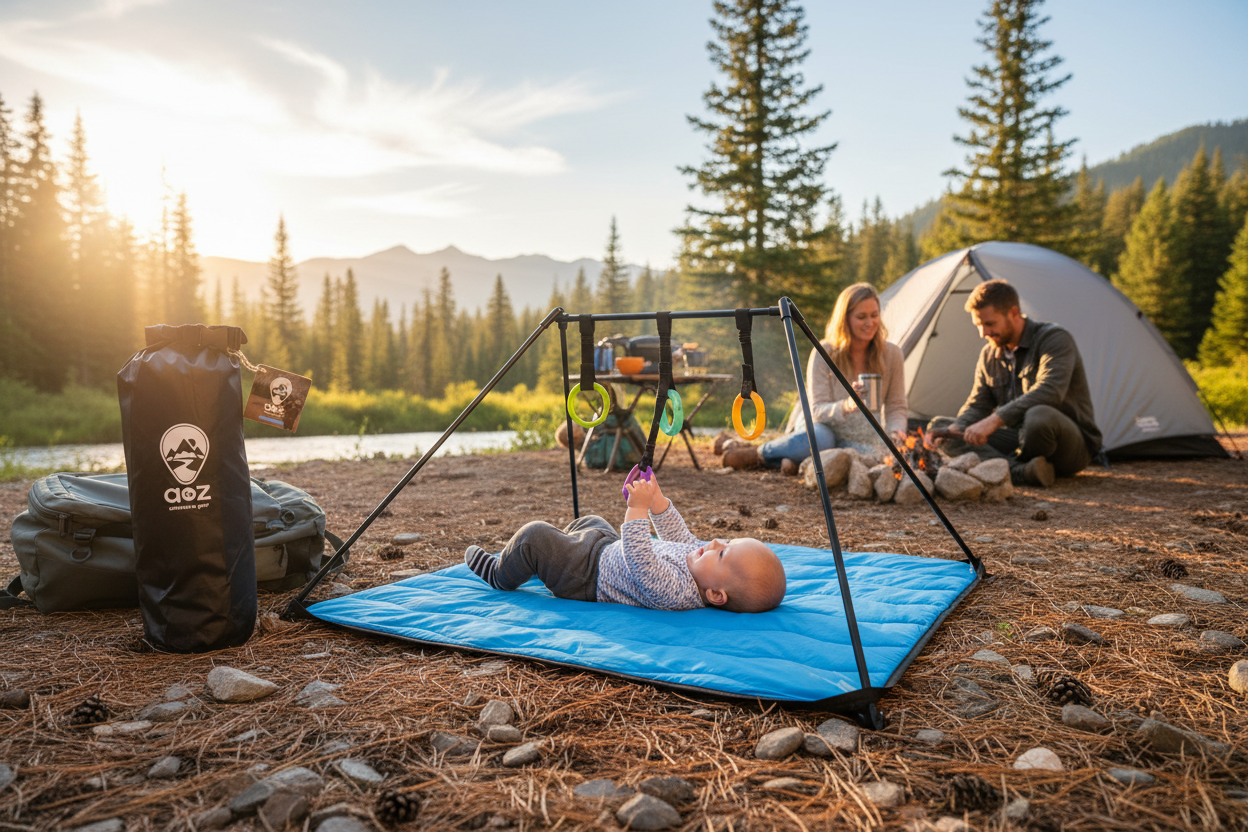 Family camping in a scenic outdoor setting with a baby on a blue play mat.