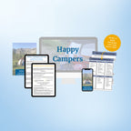 Digital download of Happy Campers guide with 150+ pages, illustrated camping tips, family activities, and packing checklists