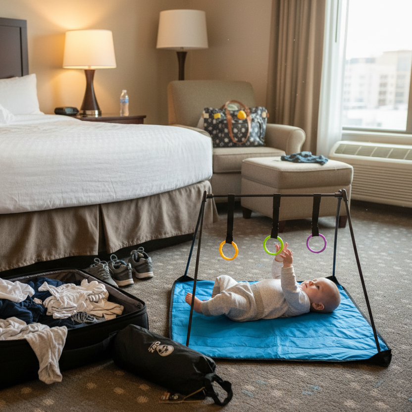 A baby playing with a travel activity gym in a hotel room. 