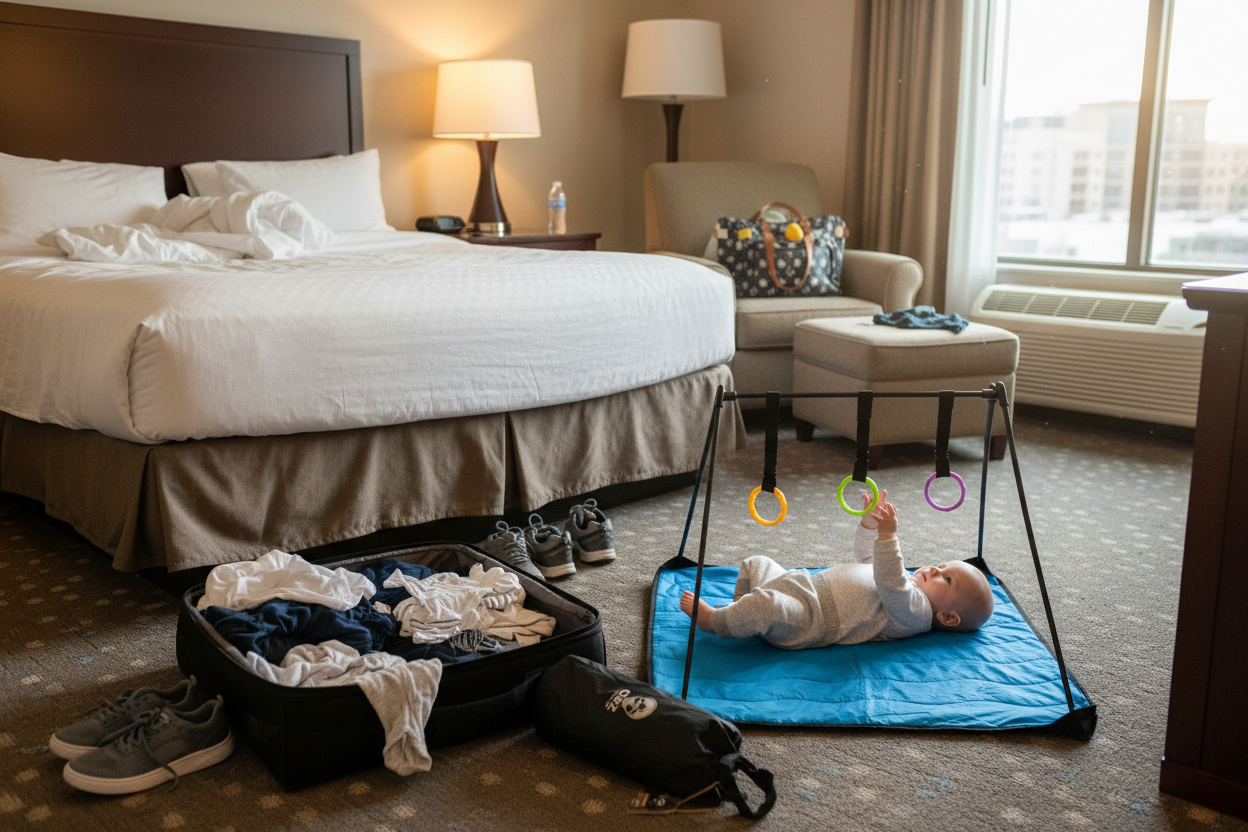 A baby playing with a travel activity gym in a hotel room. 