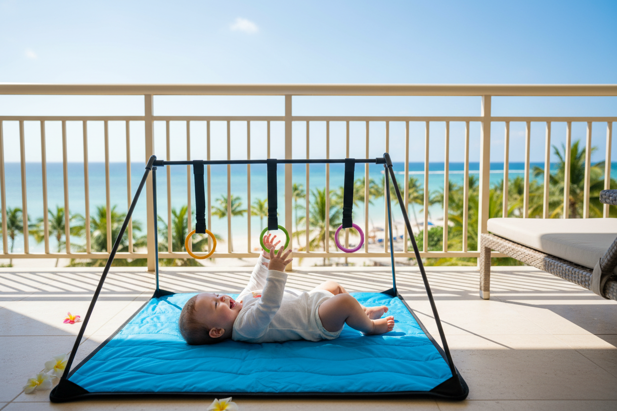 Baby on A to Z Lay and Play Adventure Mat on Tropical Hotel Balcony