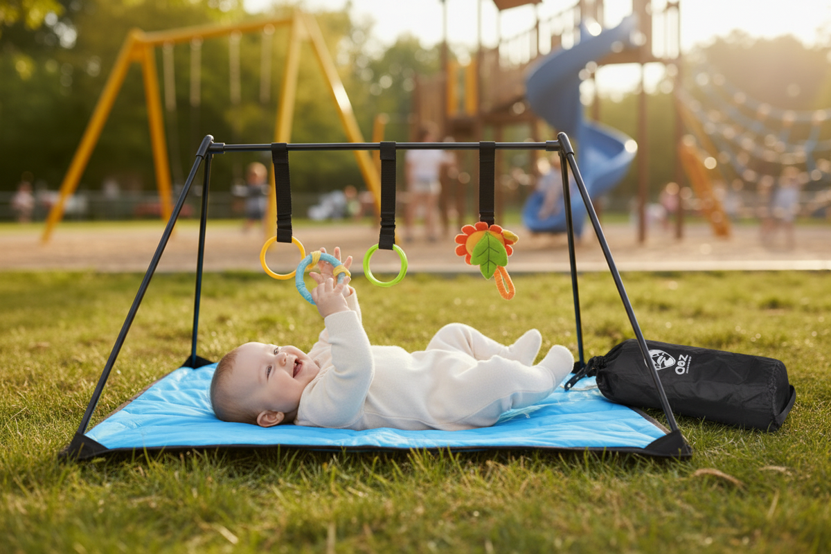Baby playing with toys on the Lay & Play Adventure Mat at a park playground.