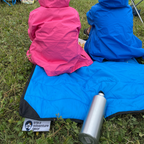 Close-up of the Adventure Mini Mat’s textured, waterproof surface with vibrant teal and navy color accents and stitched